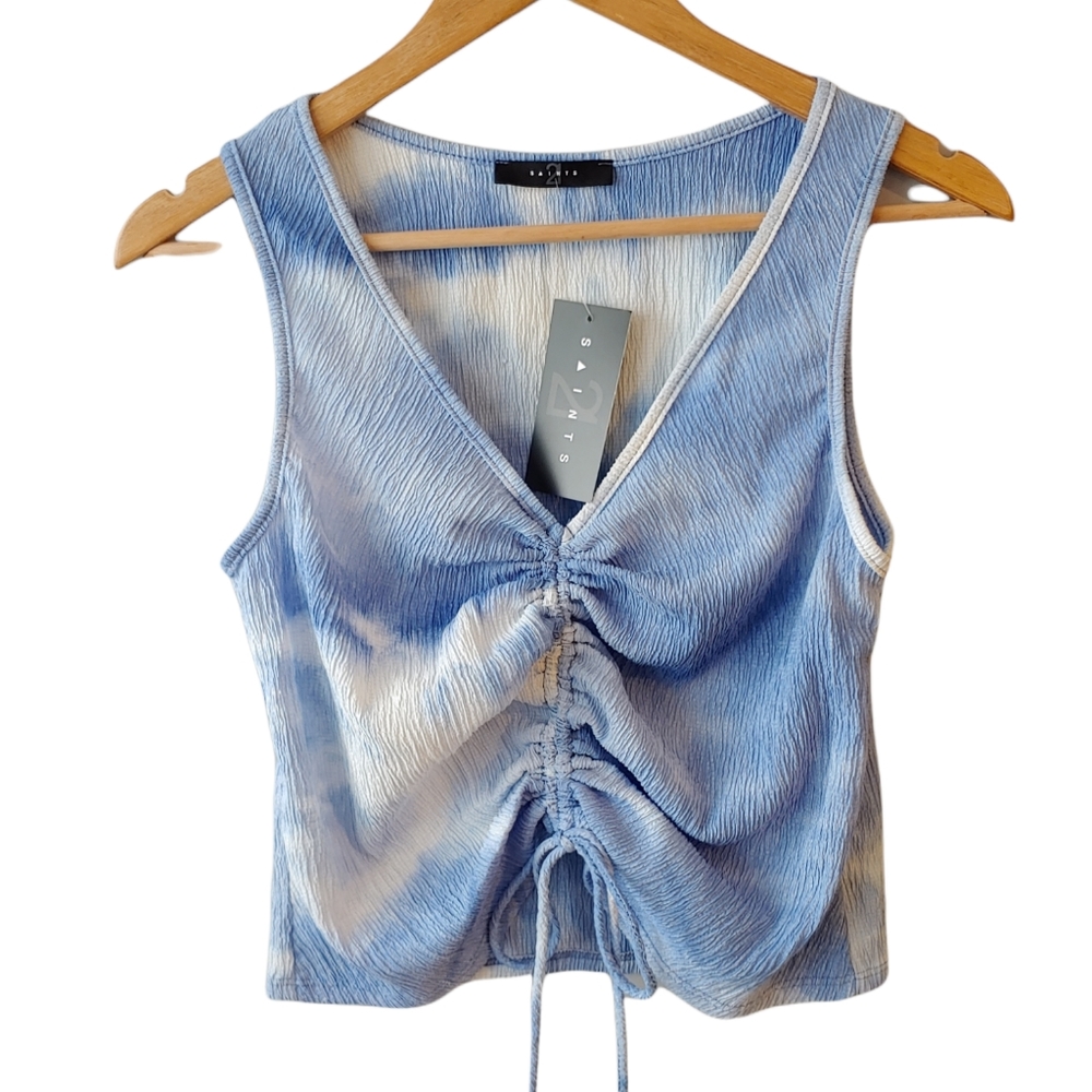 NWT- 21 Saints Blue and White Crinkled Ruched Tie Tank Top Size Medium